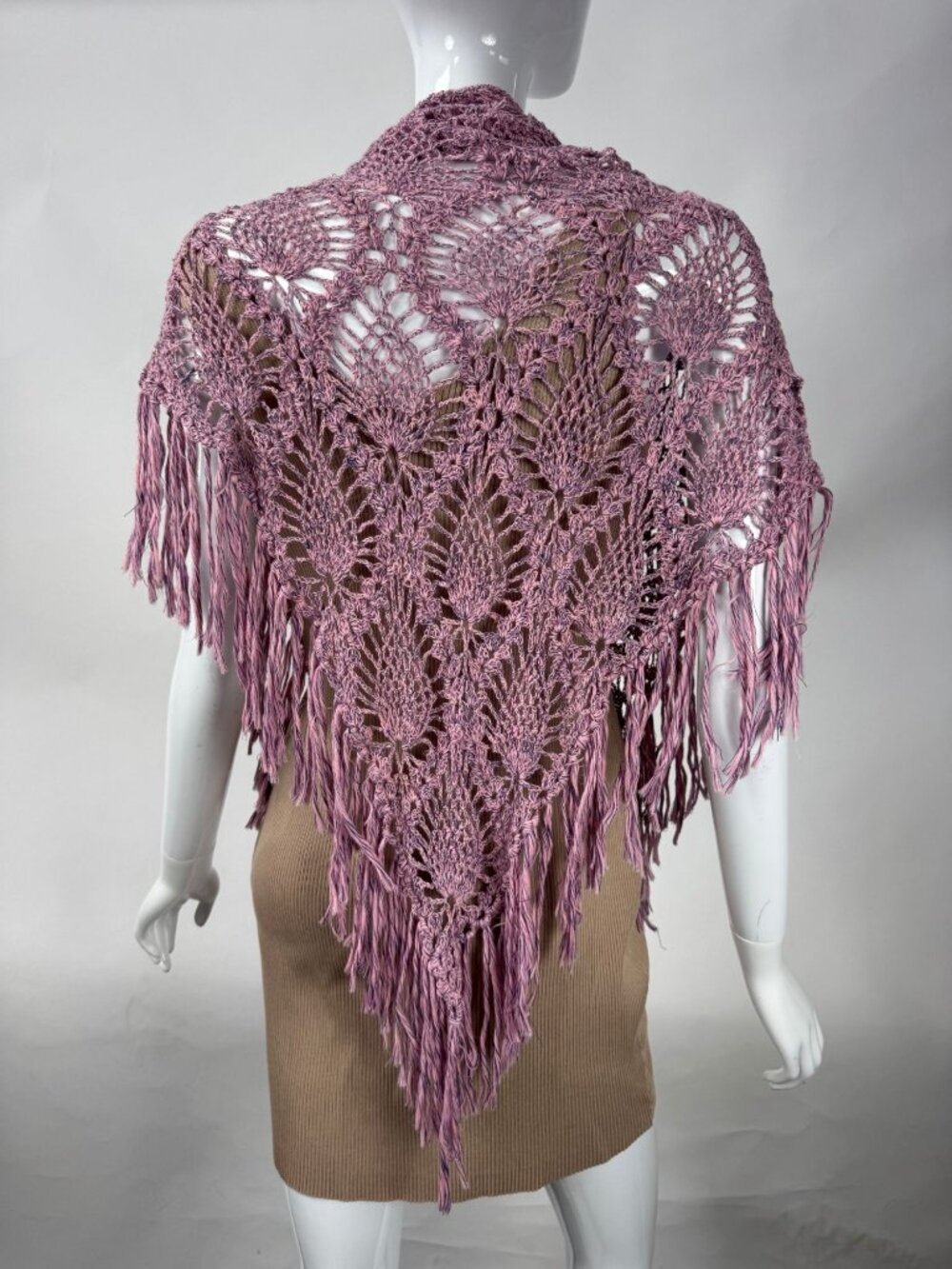 Crochet Lilac Fringe Shawl Wrap With Intricate Openwork Design